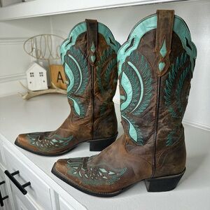 J.B. Dillon Brown and Turquoise Heeled Boots